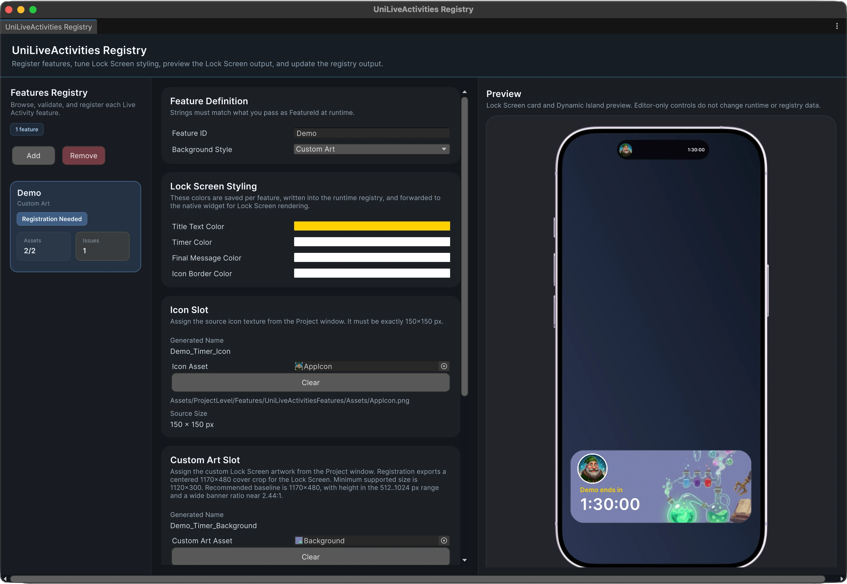 UniLiveActivities Registry — Unity editor window with feature config, Lock Screen styling, icon slot, and a live Lock Screen and Dynamic Island preview