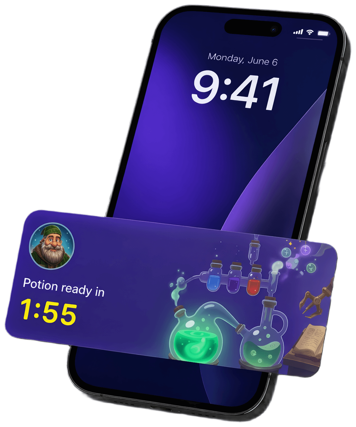 iPhone with Live Activity: potion countdown on Lock Screen